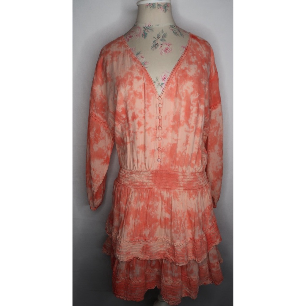 Aerie Tie Dye Boho Mini Dress Women's M Peach Smocked Tiered Long Sleeve Flowy